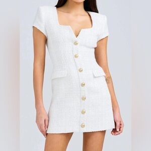 Generation Love White Tweed Button Mini Dress with Gold Buttons